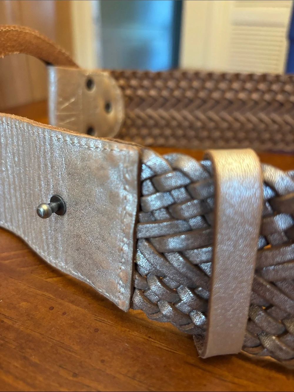 A|X Armani Exchange Braided Leather Belt Metallic Silver Gold